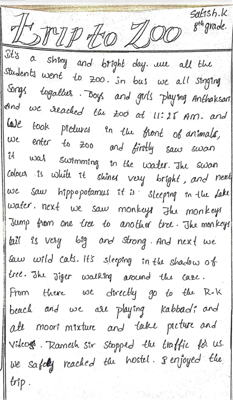 A handwritten description of trip to Zoo and beach by an 8th grade student in India