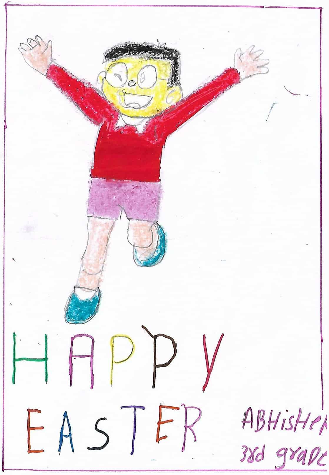 Joyful drawing by a child in India wishing Happy Easter
