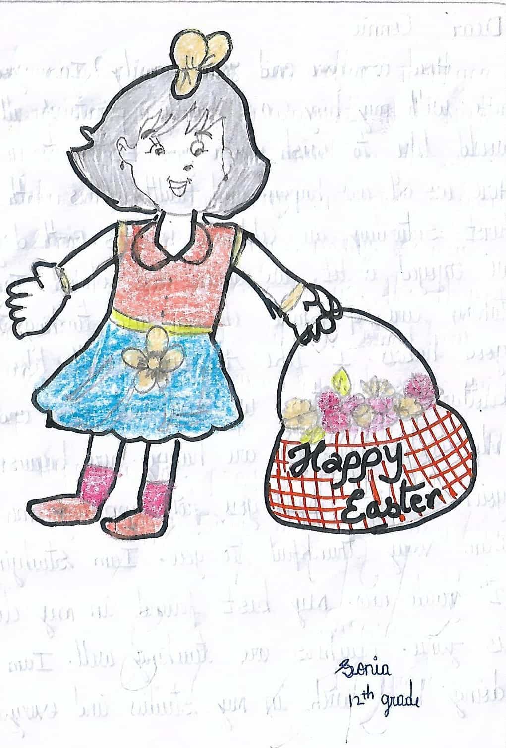 Drawing by a child in India of a girl with a basket and Happy Easter