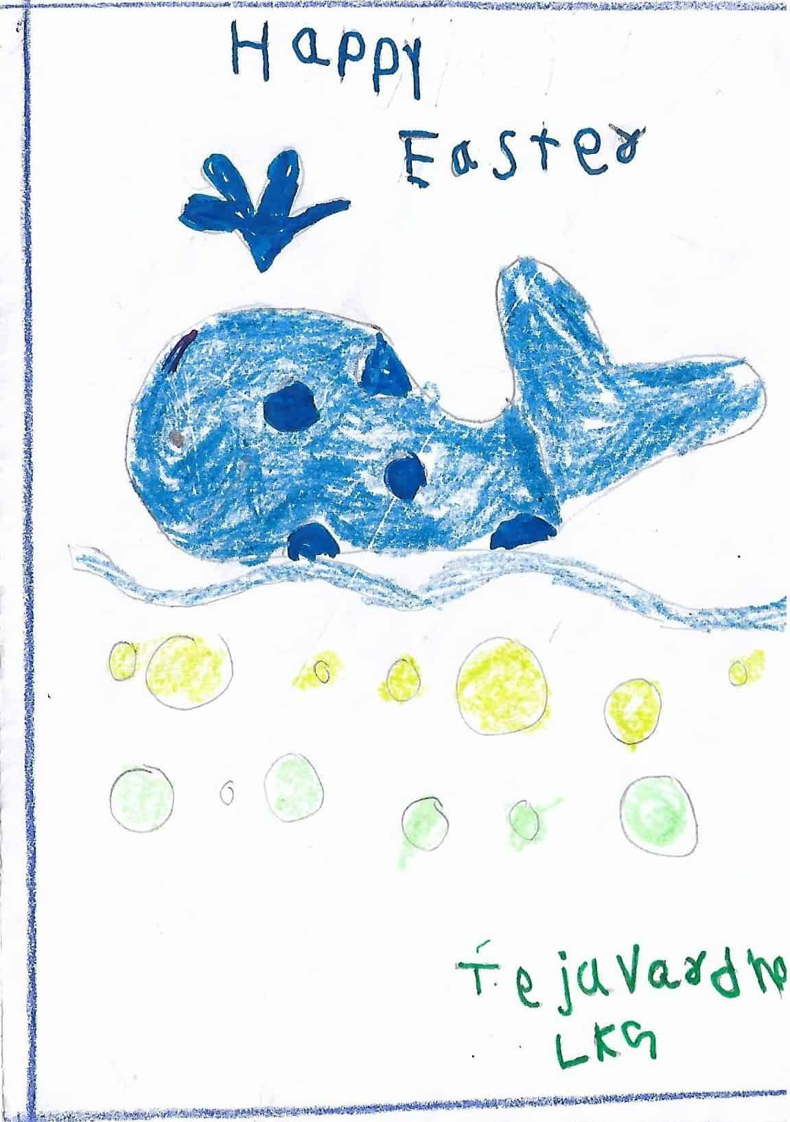 Child's drawing of a whale with Happy Easter