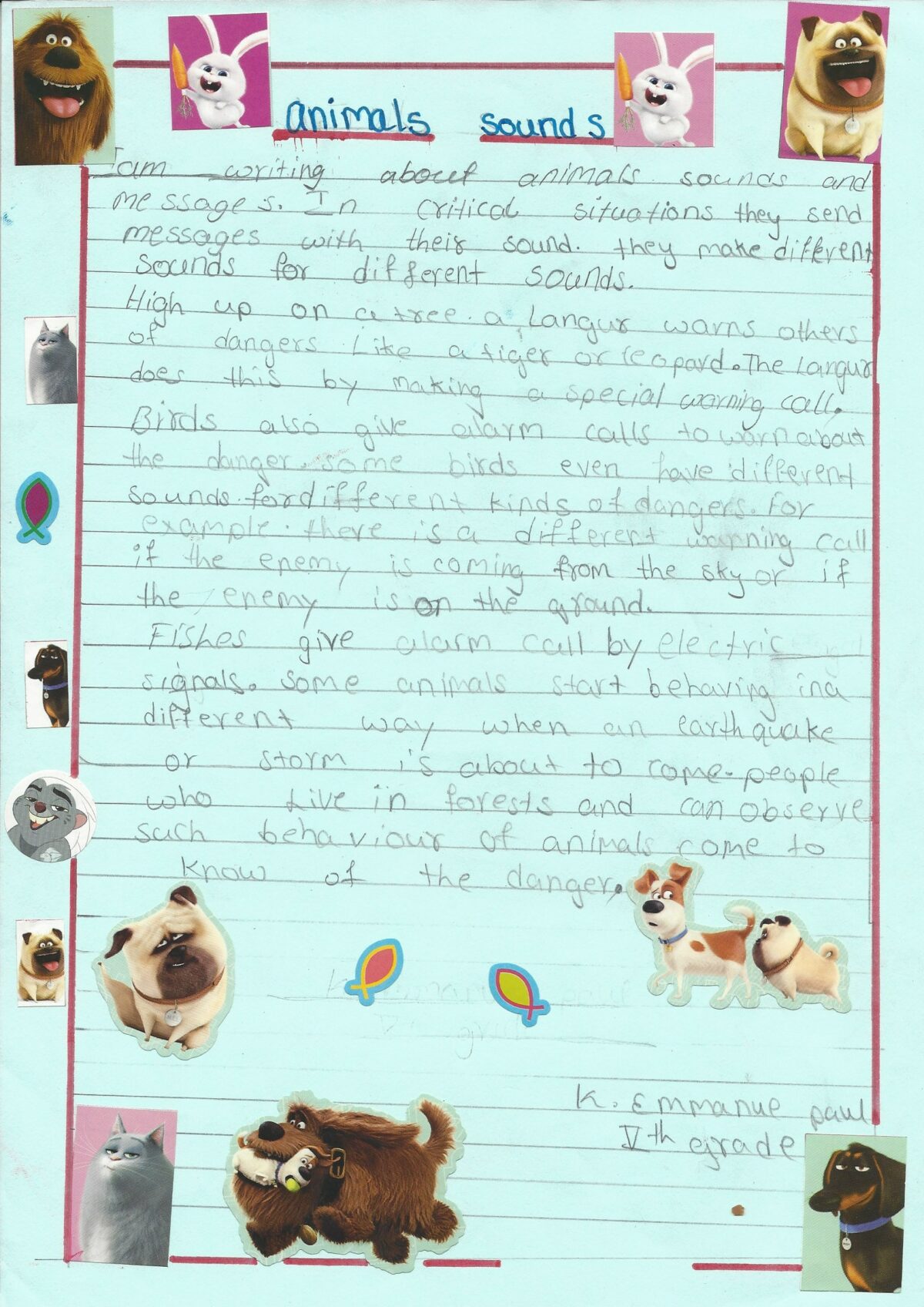 A writing sample by young boy at Children of Faith School in India about animal sounds