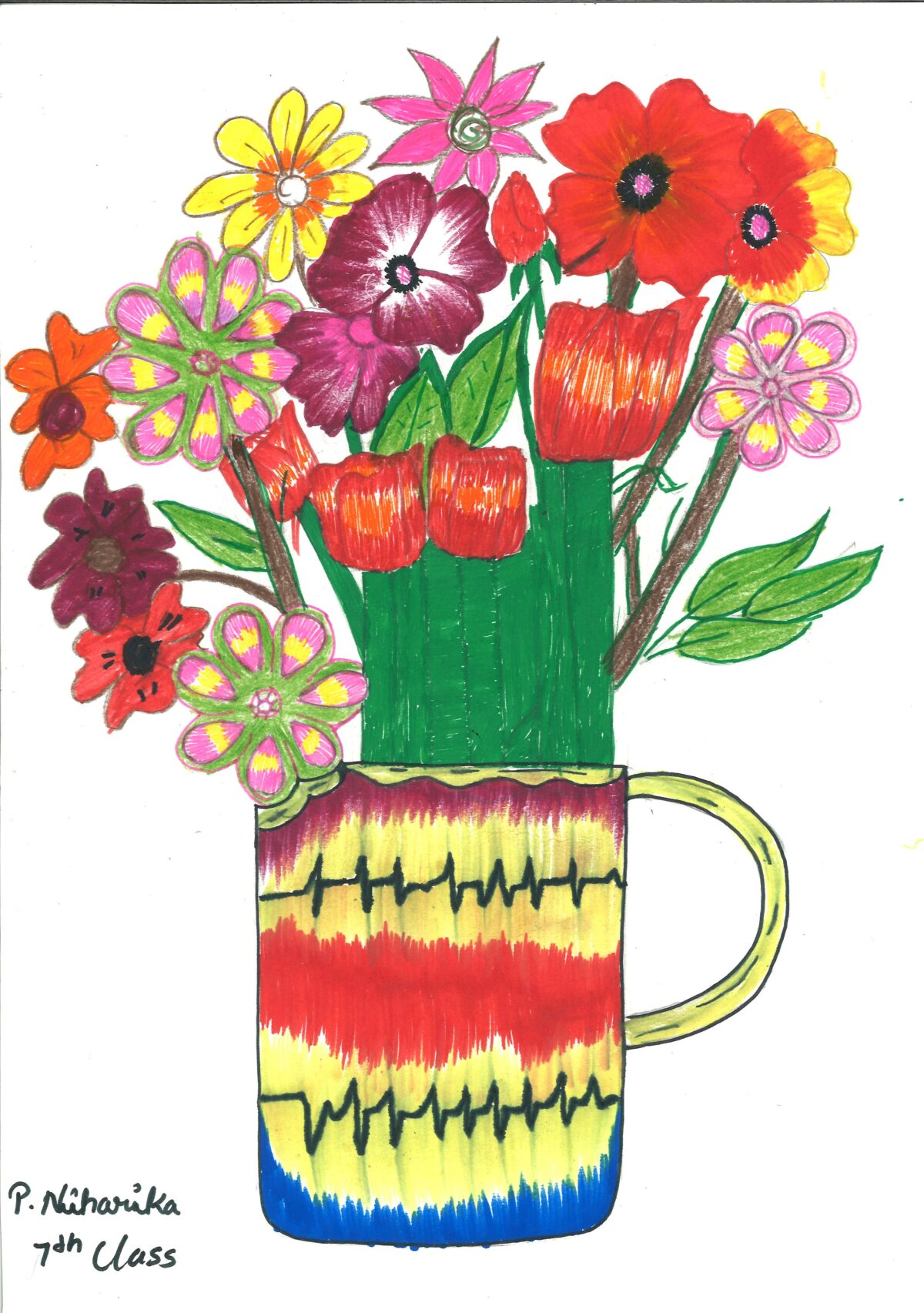 Colorful drawing of flowers by a child from the Children of Faith Home in India