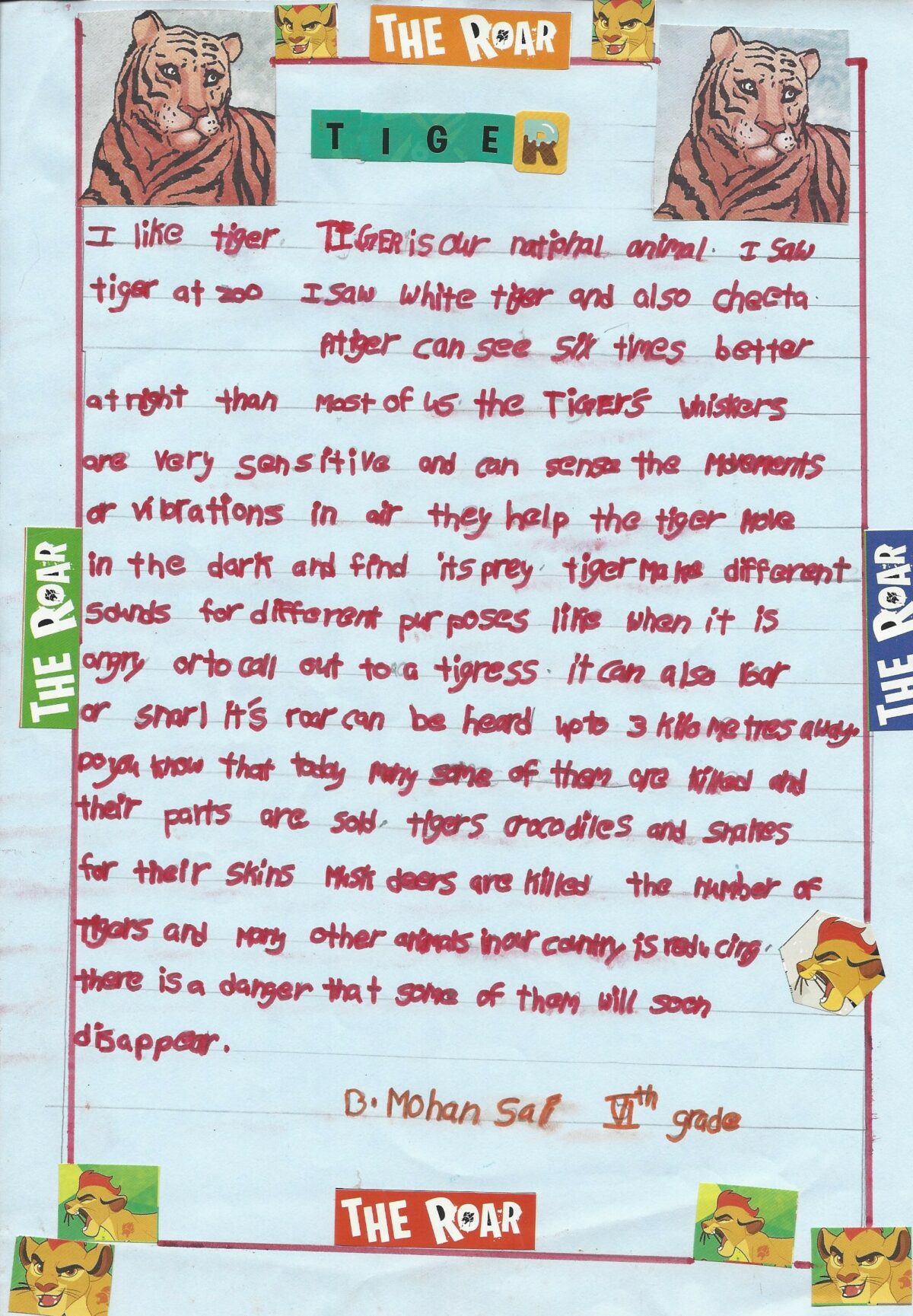 A writing sample by young boy at Children of Faith School in India about Tigers