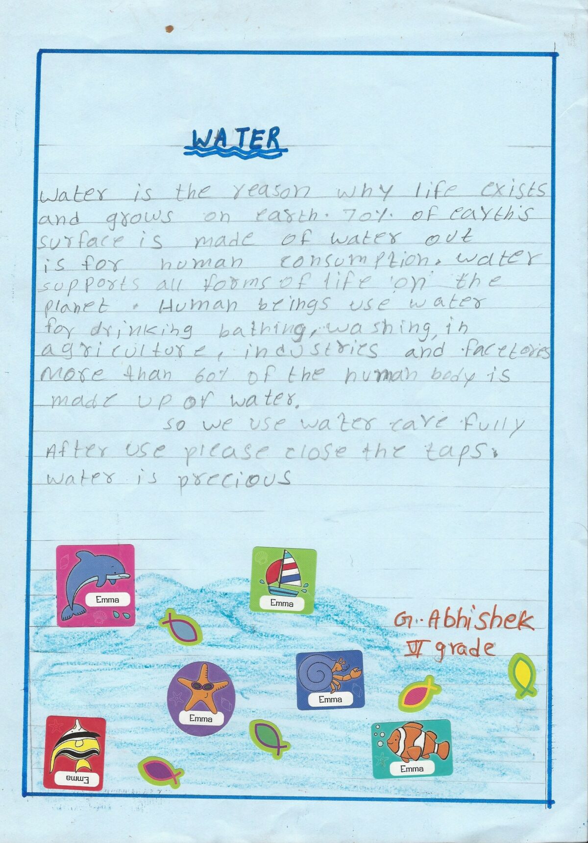 A writing project by young boy in India about water