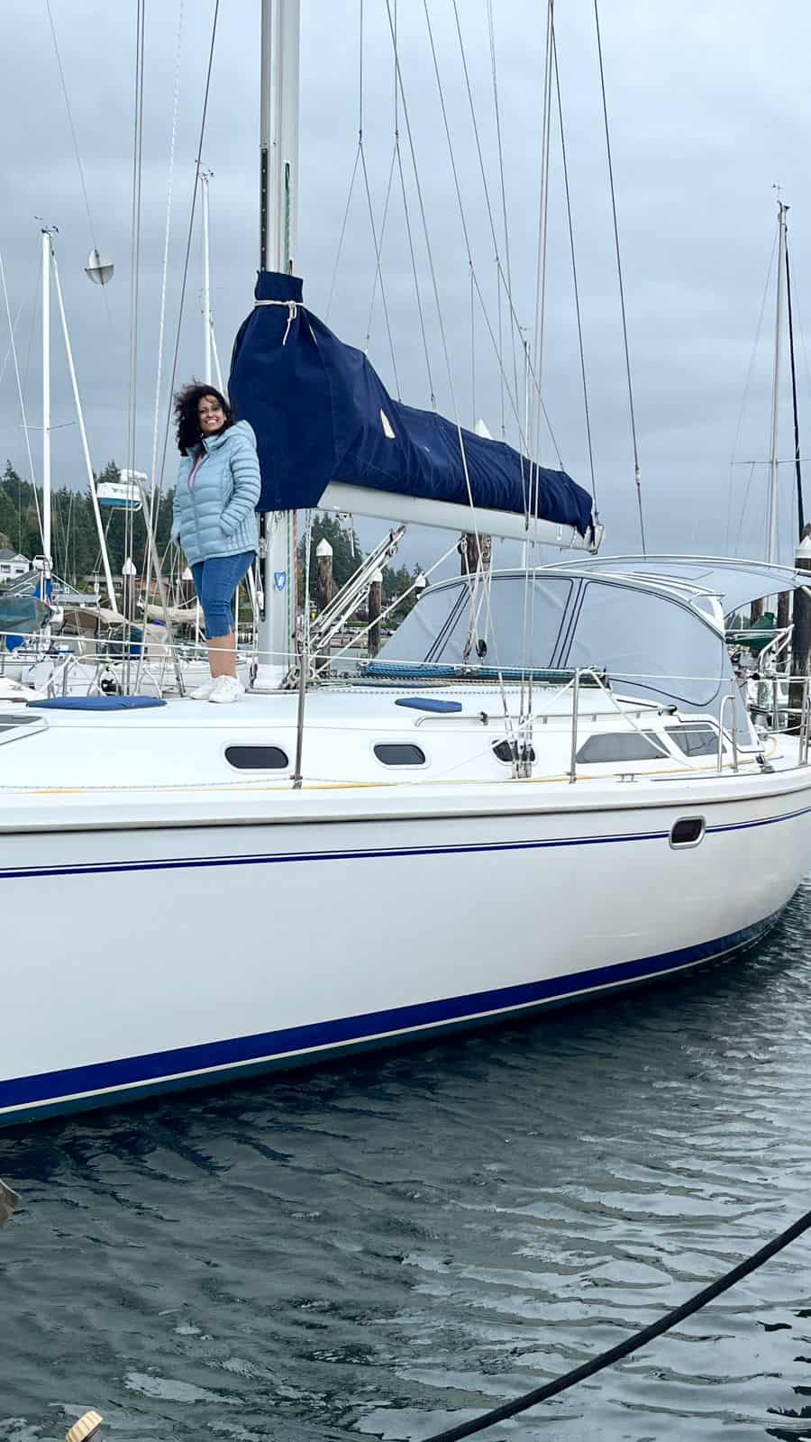 Rosie Thandu on a sailboat while telling supporters about Children of Faith Missions in India