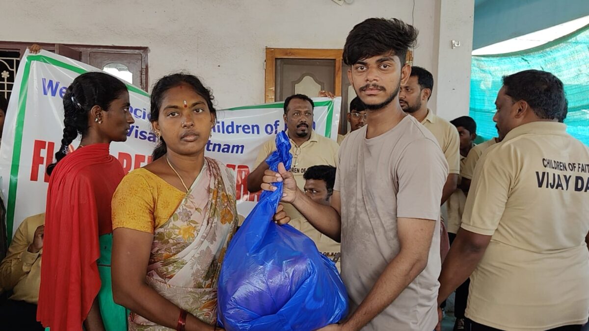 Young men from Children of Faith Home in India provided flood victims with needed supplies.